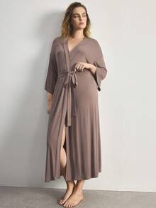 Ocili Comfortable Soft Minimalist Long Sleeve Plus Size Robe - Brown - View 6