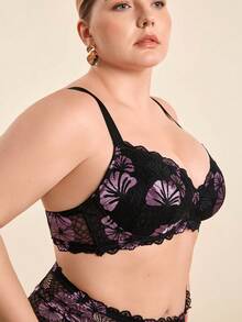 Hourtrue Plus Size Women 2pcs Romantic Lace Bra Set, Simple Casual Bra + Panty Set, Lift - Multicolor - View 6