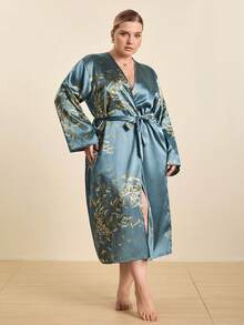 Hourtrue 1pc Plus Size Women Floral Print Satin Robe, V-Neck Long Sleeve Loose Bathrobe, Kimono Style Tie Waist Long Loungewear, Smooth Silk-Like Fabric, Machine Washable, Suitable For Home Use - Olive Green - View 4