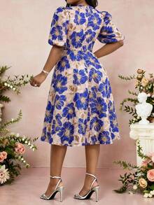 Fleurora Plus Size Elegant Blue Floral Jacquard Dress For Women,Beige Summer Wedding Guest Party Brocade Petal Puff Sleeve French Style Tea Dress - Multicolor - View 2