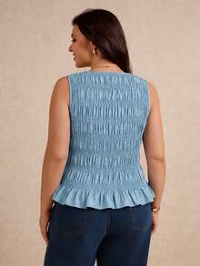 Elaquor Plus Size Women's Solid Color Pleated Ruffle Hem Sleeveless Tank Top - Baby Blue - View 2