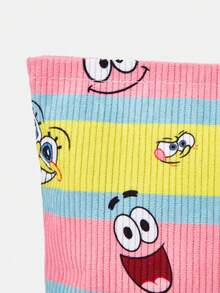 SpongeBob SquarePants | SHEIN 1個卡通印花燈芯絨拉鍊化妝包，輕巧多功能內襯化妝收納袋 - 條紋 - 查看 6