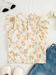 SHEIN Elladie kids 女童夏季新款荷葉領前側荷葉抽褶設計，簡約百搭田園風優雅藍色襯衫，法式復古碎花荷葉無袖上衣，甜美優雅碎花兒童上衣 - 杏色 - 查看 3