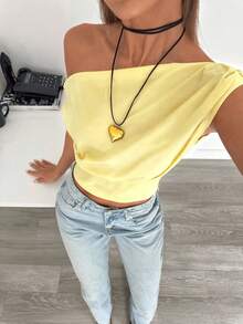 Siren Gaze Women's Casual Elegant Asymmetric Neck Ruched Cropped Top, Suitable For Summer, Suitable For Daily Wear - Yellow - View 2