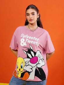 LOONEY TUNES X SHEIN 大码女式圆领短袖休闲T恤 - 粉色 - 查看 5