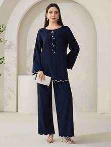 Veilorie Bottom Only(Without Top)Conservative Casual Wave Hem Embroidered Women Pants - Navy Blue - View 9