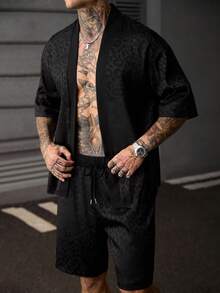 Genlund 男士日常成熟度假休閒外出必備風格豹紋紋理布料和服襯衫與短褲套裝，假期 - 黑色 - 查看 4
