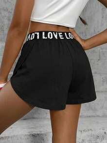 SHEIN 青少年女孩純色彈性腰運動短褲 腰帶字母Love短褲 - 黑色 - 查看 3