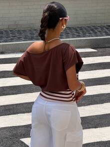 Muchica Women's Summer Casual Street Wear Y2k Brown And Pink Patchwork Letter Print Asymmetric Neck T-Shirt Tops World Cup Going Out Night Out City Break - Coffee Brown - View 2