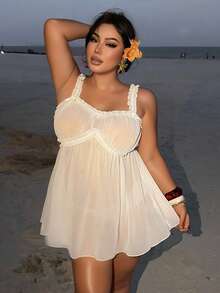 Dazy Plus Sexy Minimalist Sexy Home Wear Sheer Mesh Strap Dress Plus Size Women Spring Summer Elegant White Nightgown Pajamas - White - View 6