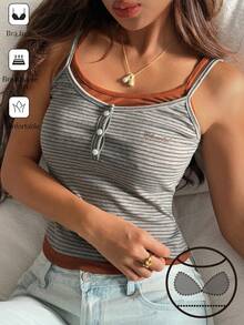 DAZY Women's Summer Casual Striped Patchwork 2 In 1 Camisole Tank Top - Coffee Brown - View 3
