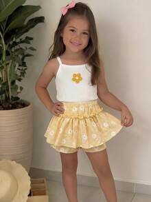 Emery Rose Kids Emery Rose Kids 少女 3D 花朵裝飾細肩帶上衣與格紋裙褲可愛套裝 - 黃色 - 查看 4