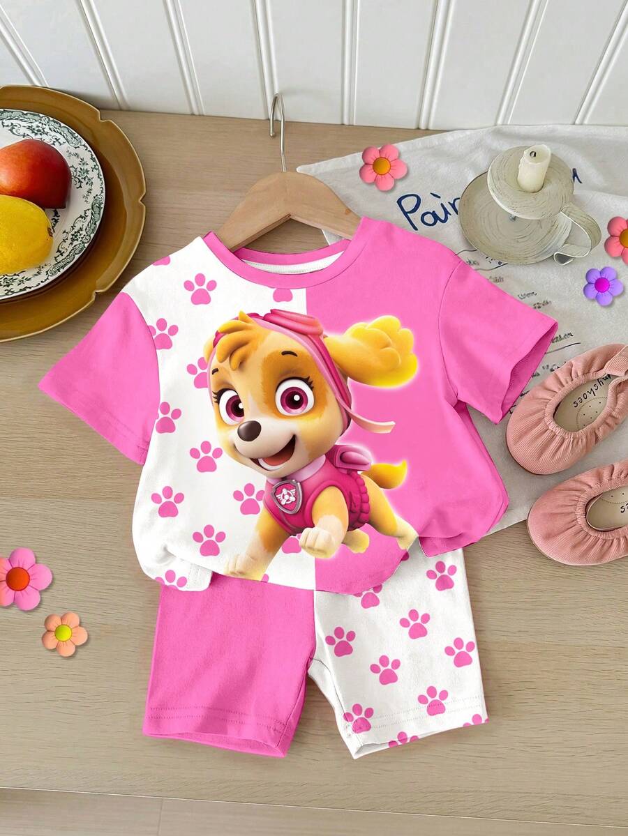 SHEIN | PAW Patrol 女嬰休閒簡約圓領寬鬆短袖T恤 & 緊身單車短褲套裝,適合春夏,經典可愛卡通動畫印花,Skye可愛小狗爪印 - 彩色 - 查看 1