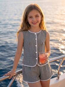 Teen Girl Striped Patchwork Top And Shorts Casual Daily Set - Multicolor - View 4