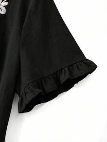 Blus Linhara Plus Size Wanita Gaya Pastoral Minimalis Kasual Leher V Kecil, Katun Bordir Terposisi Modis dengan Manset Berkerut Longgar - Hitam - View 6
