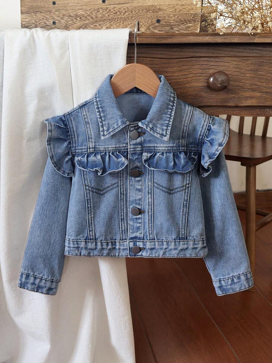 SHEIN Chaqueta vaquera casual versátil de uso diario con botones y pliegues para niña joven - Azul lavado medio - Ver 1