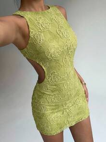 Aloruh 女款淺綠色紋理圓領無袖時尚短洋裝 度假夜店夏季性感款 - 綠色 - 查看 6