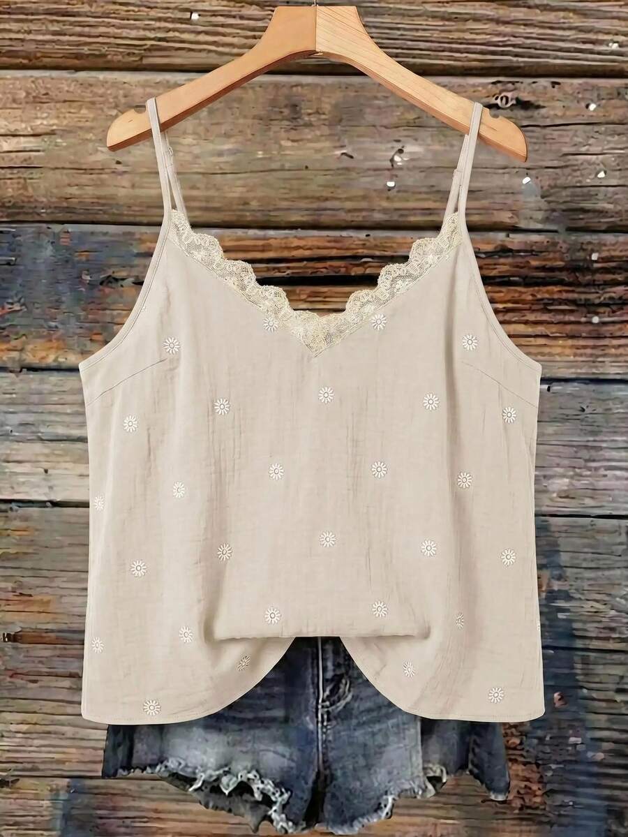 SHEIN VCAY Plus Size Women Daisy Embroidery Print V-Neck Ruffle Trim Loose Camisole - Apricot - View 1