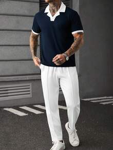 Manfinity CasualCool Men's Plus Size Colorblock Short Sleeve Polo Shirt And Long Pants Casual Daily Set - Navy Blue - View 5