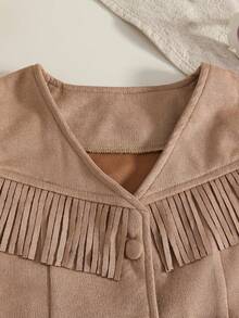 Girls' Brown Leather & Fleece V-Neck Vest With Front Panel Patchwork, Tassel, Faux Pockets, Button Placket, V-Hem Trim, Western Country Vacation Style, Thin For Autumn/Winter - Khaki - View 4
