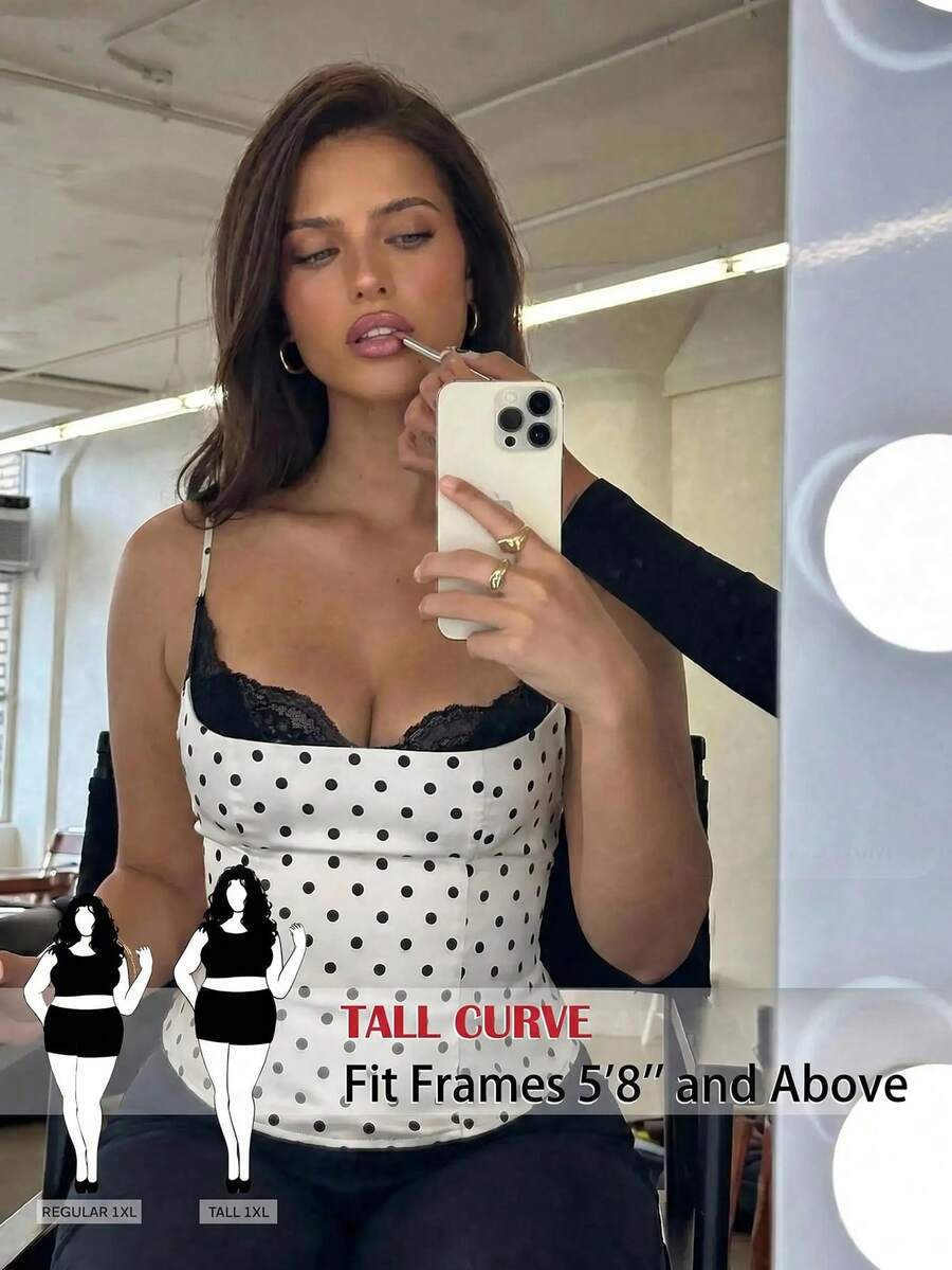 SHEIN Tall CURVE 大码女士复古优雅波点撞色蕾丝修身吊带背心，适合夏季度假