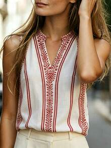 SHEIN LUNE Summer Vacation Casual Elegant Bohemian Print Striped Notch V-Neck Sleeveless Loose Women's Shirt Beige - Multicolor - View 4