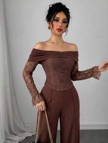 Modelyn French Style Off-Shoulder Square Neck Lace Patchwork Asymmetrical Long Sleeve Cropped Top & Wide Leg Trousers Women's High-End Elegant Slimming Suit Set - Brown - View 2