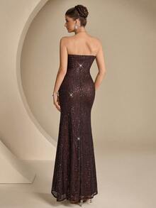 Coutiva Women's Elegant Sequin Pleated Mermaid Formal Evening Gown,Heavily Embellished Strapless Bodycon Party Dress,Luxury High-End Wedding Graduation Dress - Brown - View 2