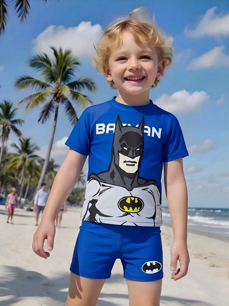 BATMAN X SHEIN GraphicGems 男童泳衣套装,图案设计,适合海滩、夏季度假、游泳、泳池派对 - 彩色 - 查看 1