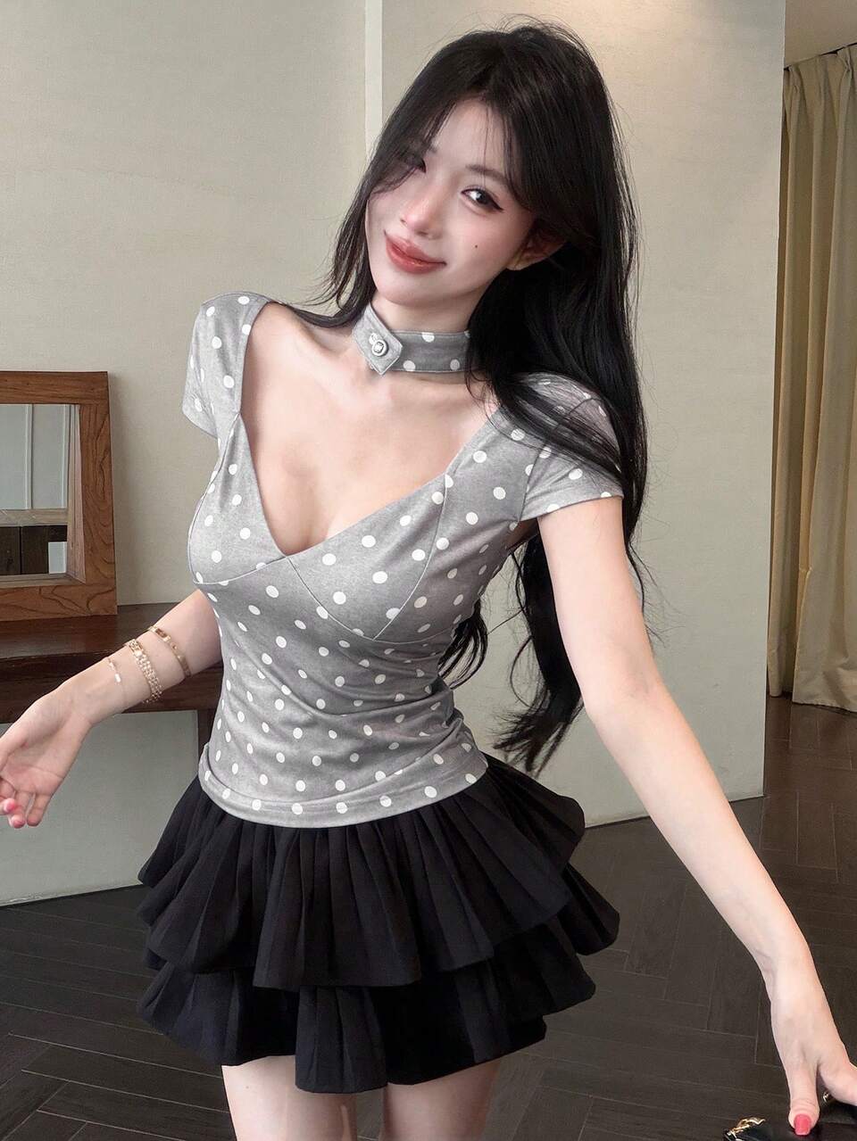 Summer Polka Dot Grey Wedding Banquet Party Slim Fit Elegant Short Sleeve Women's T-Shirt Y2K