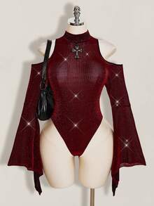 SHEIN ICON 大尺碼立領誇張喇叭袖透視亮面連身衣，音樂節穿搭，冬季派對裝 - 酒紅色 - 查看 1