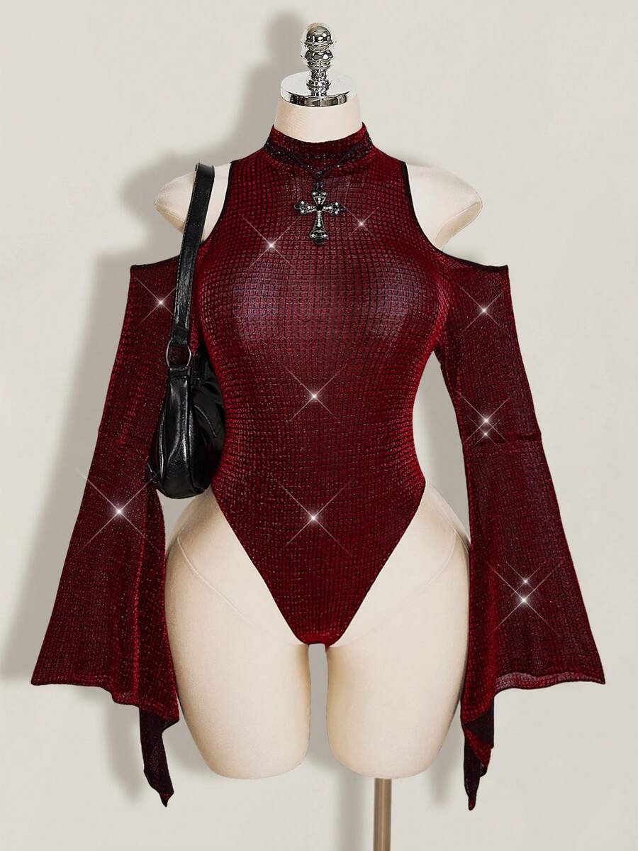 SHEIN ICON 大尺碼立領誇張喇叭袖透視亮面連身衣,音樂節穿搭,冬季派對裝 - 酒紅色 - 查看 1