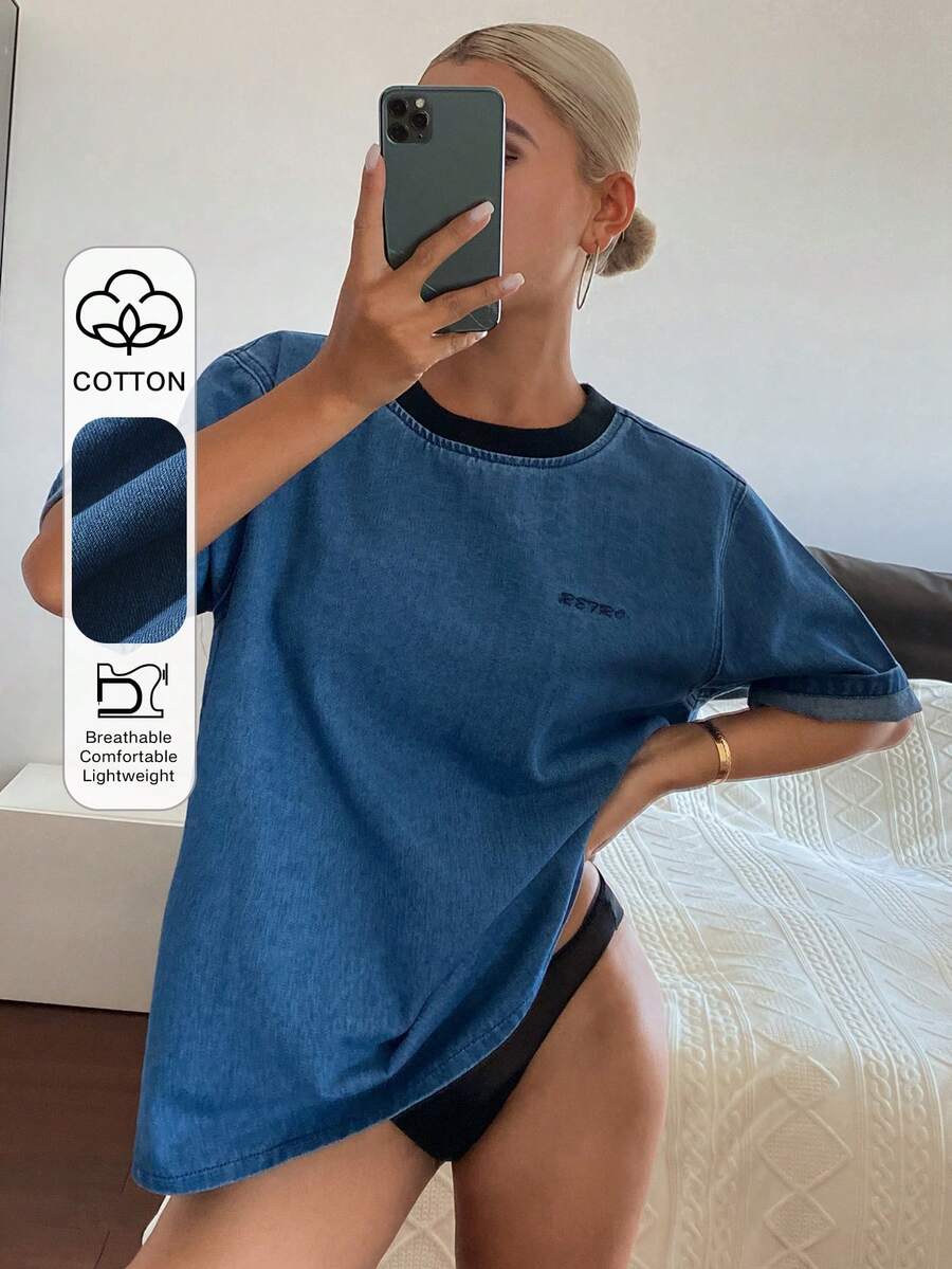 DAZY 女款拼色圓領短袖寬鬆休閒性感百搭牛仔上衣,日常夏季風格,適合游泳學校 - 藍色 - 查看 1