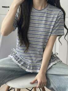 DAZY Women's Summer Casual Striped Ruffle T-Shirt Back-To-School Brunch School Grey - Grey - View 2