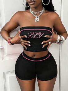 INAWLY Solva Fashion Casual Sexy Sporty Style Printed Pattern Color Block Bandeau Top High Waist Athletic Shorts 2pcs Set Gym Pink Summer Night - Black - View 4
