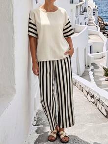 Ceyna Casual Slouchy Patchwork Striped Short Sleeve Set Women Plus Size Round Neck Loose Top High Waist Vertical Striped Wide Leg Pants 2-Piece Set - Multicolor - View 5
