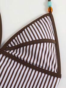 Swim Oasis Premium Striped Print Colorblock Spaghetti Strap Halter One-Piece Swimsuit With Long Striped Skirt 2pcs Set - Coffee Brown - View 5