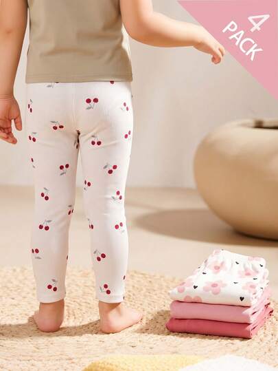 Girls' Minimalist Basic Color Series Pink, Red Bean, Apricot, Bean Paste Cherry All-Over Print Leggings