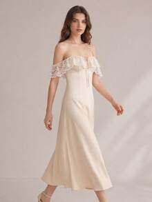 SHEIN Glamour 女款緞面蕾絲拼接洋裝，優雅長洋裝，適用於派對、舞會、婚禮及其他宴會場合 - 杏色 - 查看 5