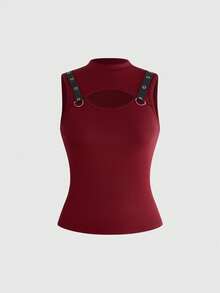 ROMWE Grunge Punk Leather Buckle Punk Personalized Hollow Out Hot Girl Women's Tank Top - Burgundy - View 1