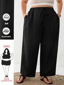 SHEIN CURVE+ 大尺碼休閒簡約黑白條紋長褲，適合四季，春夏日常穿著 - 黑色 - 查看 1