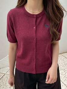 DAZY 女款獨角獸刺繡短袖單排扣針織開襟外套 - 紅色 - 查看 7