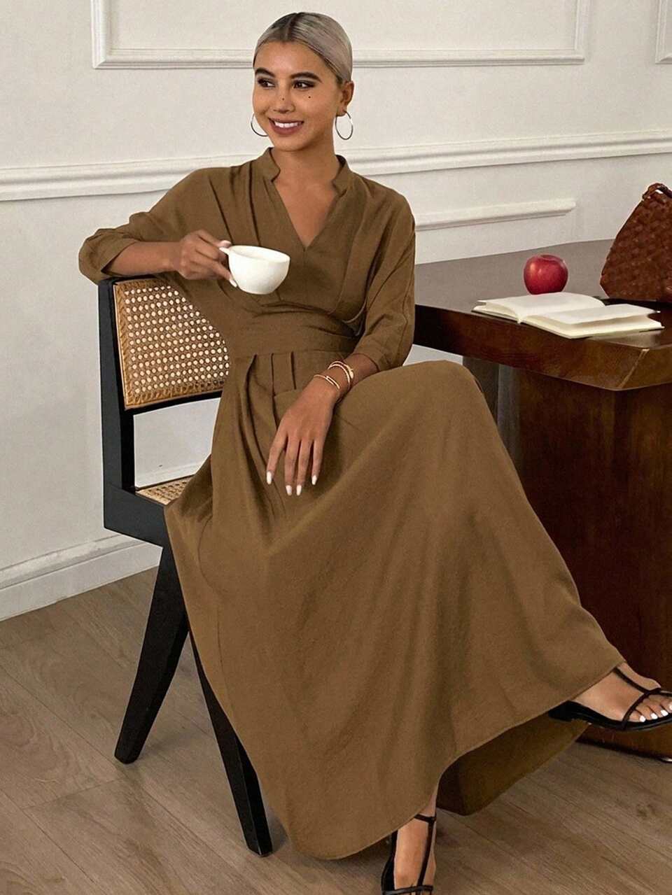 Women's Casual Solid Color Mid-Length Dress For Autumn Sundress