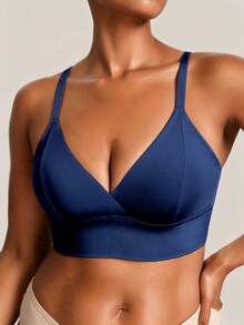 SHEIN Plus Size Women's Solid Color Casual Everyday Adjustable Strap Bra - Navy Blue - View 6