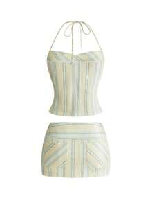 Sweetness Sexy Girl Casual Yellow Striped Halter Neck Crop Top And High Waist A-Line Mini Skirt 2 Pieces Set - Light Yellow - View 2