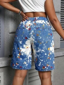 SHEIN Unity Plus Size Women's Splatter Print Pocket Loose Casual 90s Denim Shorts Formal Concert Blue Sequin Summer - Multicolor - View 3