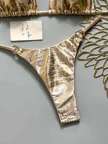 Swim Vcay 女款度假海灘金屬質感掛脖綁帶比基尼兩件式泳衣套裝 - 金色 - 查看 6