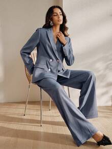 Anewsta Women's New Urban Chic Solid Color Professional Commute Versatile Lapel Long Sleeve Blazer+High Waist Drape Straight Leg Pants Suit Set - Blue - View 4