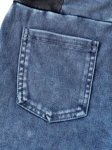 SHEIN 可愛百搭腰部設計彈性腰舒適彈力牛仔褲，適合女孩日常休閒、舞蹈、學校、校園、運動、公園跑步跳躍、瑜珈彈力內搭褲 - 中等水洗藍 - 查看 9