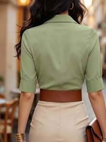SHEIN Clasi 女式军绿色交叉领优雅衬衫 - 軍綠色 - 查看 2